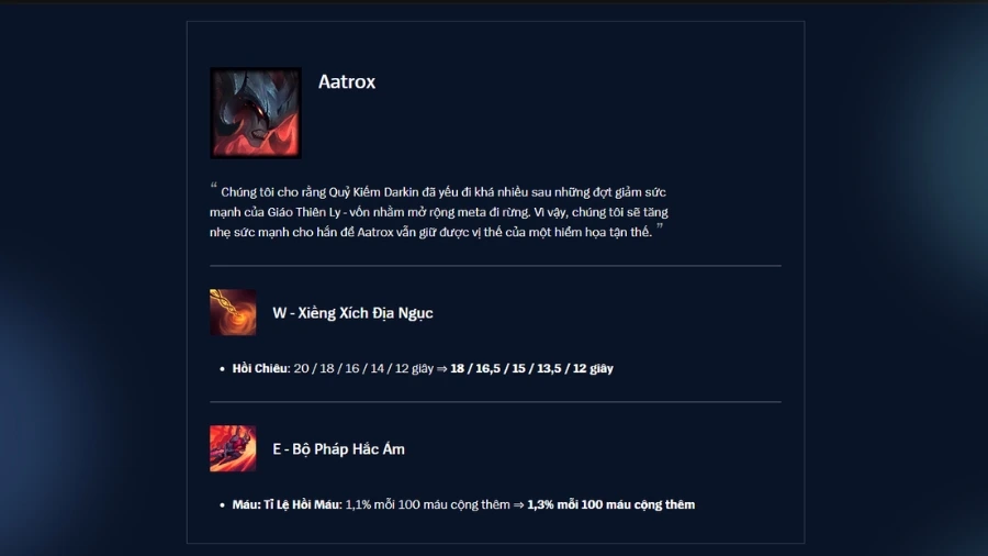 Aatrox được giảm hồi chiêu W và tăng lượng hồi phục của E